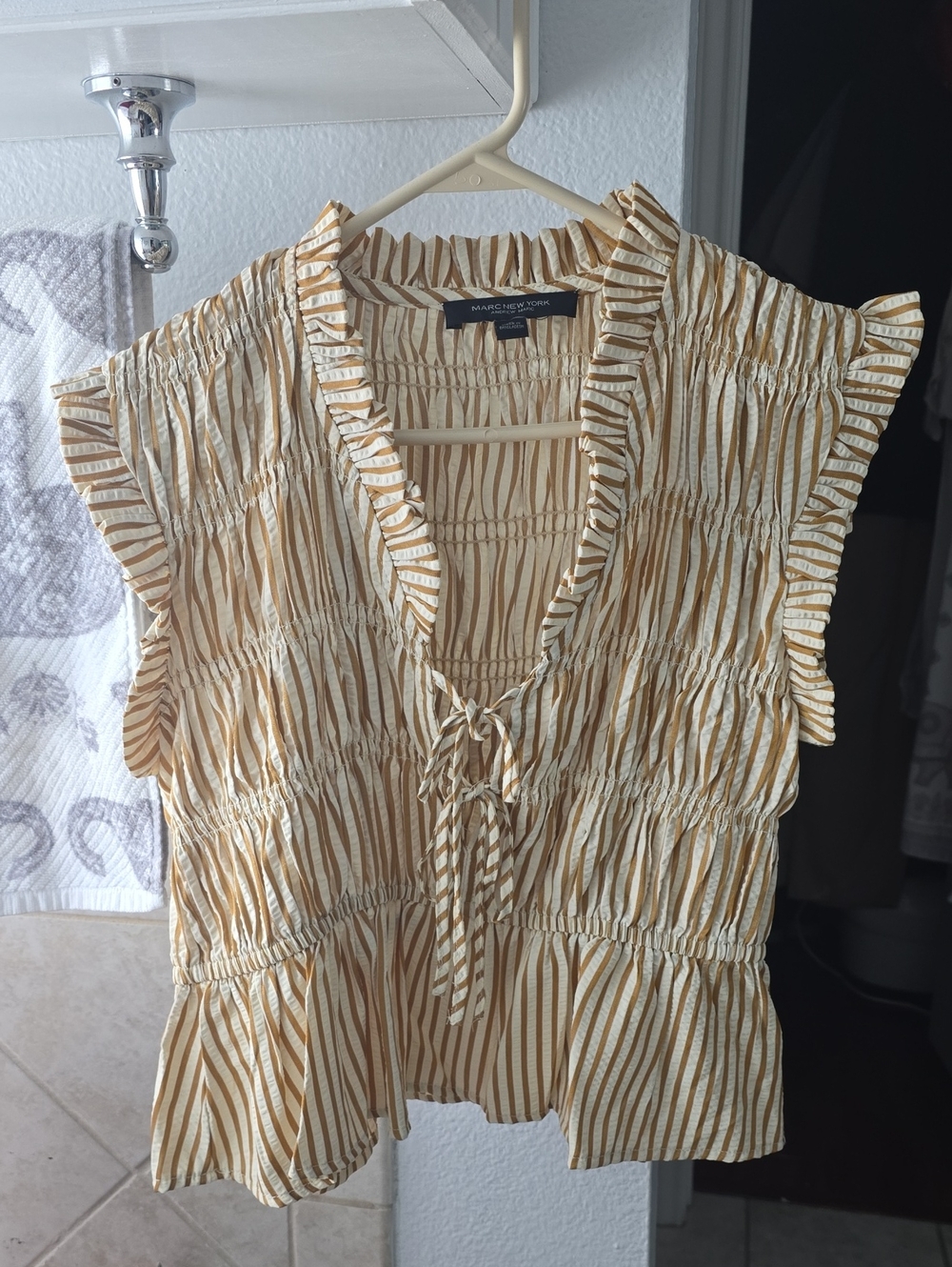 Marc New York Cream and Yellow Striped Ruffle Tie-Front Blouse